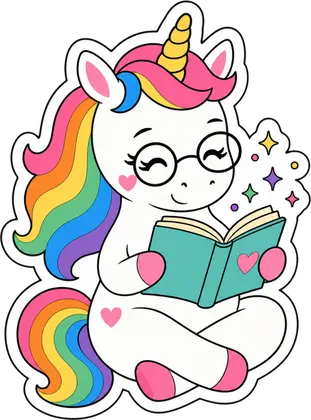 Personalised unicorn sticker example: Reading Book